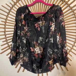 White House Black Market Floral Burnout Black OTS Women's Top Whimsigoth Fairy
